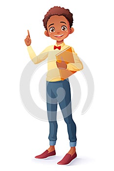 Vector smart African boy index finger pointing up with idea.