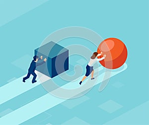 Vector of a smart businessman pushing a sphere leading the race against a group of slower businessmen pushing boxes
