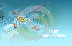 Vector of a smart city with transportation and cars moving in the city streets using sensors and autopilot