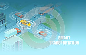 Vector of a smart city with transportation and cars moving in the city streets using sensors and autopilot photo