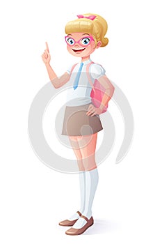 Vector smart smiling young girl with glasses finger pointing up.