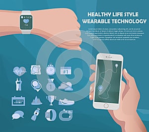 Vector smart watch and smartphone fitness sport concept. Wearable technology. Screen tracking app info.