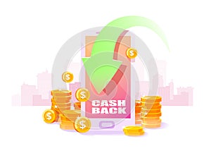 Vector of a smartphone with arrow and cash back iscription and refund money