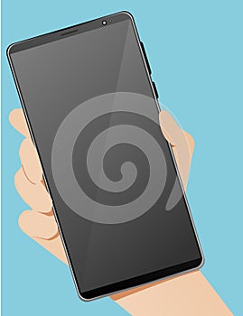 Vector for smartphone device in the right hand with blue background in vector format