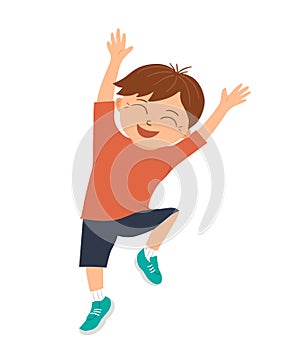 Vector smiling boy jumping with joy and happiness with his hands up. Joyful, delighted, happy kid character.