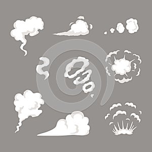 Vector smoke set special effects template. Cartoon steam clouds, puff, mist, fog, watery vapour or dust explosion.