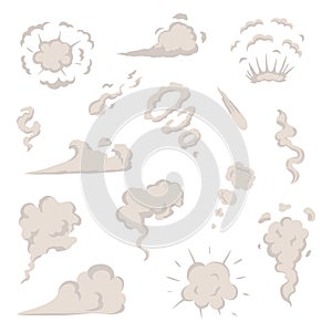 Vector smoke set special effects template. Cartoon steam clouds, puff, mist, fog, watery vapour or dust explosion.