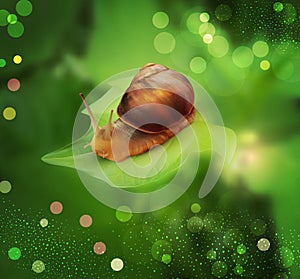 Vector snail crawling on the green leaf