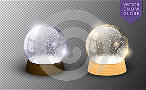 Vector snow globe empty template isolated on transparent background. Christmas magic ball. Glass ball dome, wooden stand.