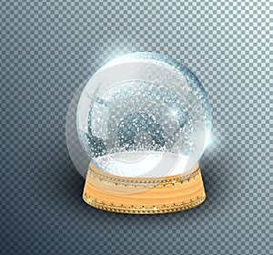 Vector snow globe empty template isolated on transparent background. Christmas magic ball. Glass ball dome, wooden stand with