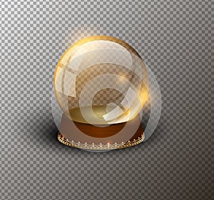 Vector snow globe empty template isolated transparent background. Christmas magic ball. Yellow glass ball dome, wooden stand