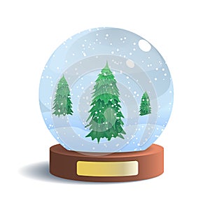 Vector Snow Globe with Metal Badge Isolated on White Background. Vector Illustration of Glass Sphere with Shadow