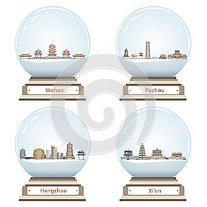 Vector snow globes with abstract chinese city skylines inside