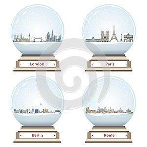 Vector snow globes with London, Paris, Berlin and Rome abstract city skylines inside