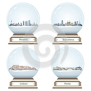 Vector snow globes with Madrid, Barcelona, Lisbon and Porto abstract city skylines inside