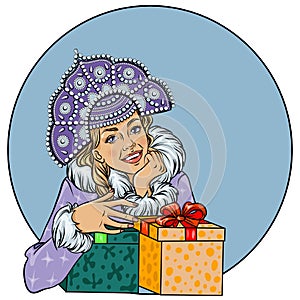 Vector Snow Maiden closeup, pop art comic style