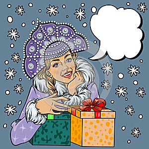 Vector Snow Maiden closeup in snow, pop art comic style