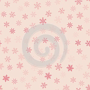 Vector snow seamless pattern. Cute winter background with small pink snowflakes