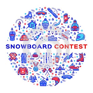 Vector Snowboard competition, Snowboarding contest. Extreme Winter sports line icons