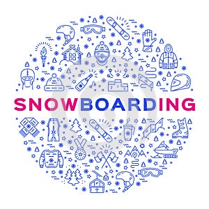 Vector snowboarding icon, outline snowboard logo, infographics. Winter sports equipment