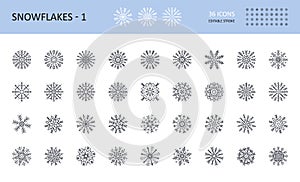 Vector snowflake icons. Editable stroke set. 36x36 pixels. Symbols white background stock illustration. Different six and eight-