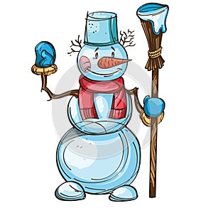 Vector snowman with carrot, scarf, bucket on the head and mittens, broom in his hand, isolated on white background