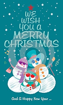 Vector of a snowman`s family, singing Christmas carol under the snow.