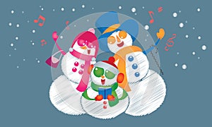 Vector of a snowman`s family, singing Christmas carol under the snow.