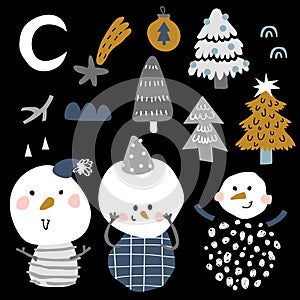 Vector snowman and tree set