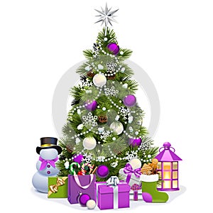 Vector Snowy Christmas Pine with Purple Decorations