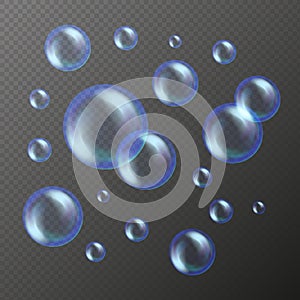 Vector soap bubbles set isolated on black transparent background. Realistic soap bubbles collection with rainbow and glares.