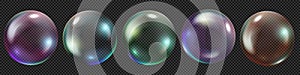 Realistic soap bubbles set in vector with shine, glares and rainbow isolated on transparent background EPS10