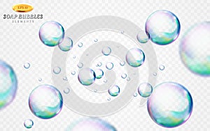 Vector soap bubbles set isolated on white transparent background. Special effect for design. Water spheres with air