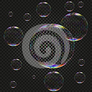 Vector soap water bubbles on dark backdrop, transparent realistic design elements on checkered background