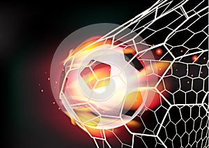 Vector soccer ball in goal net on fire flames