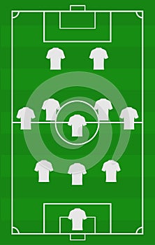 Vector soccer field with the arrangement of players in the game.
