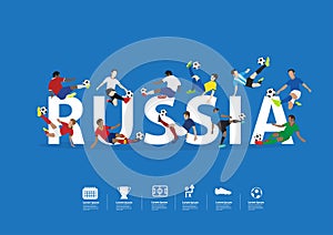 Vector soccer players in action on Russia text