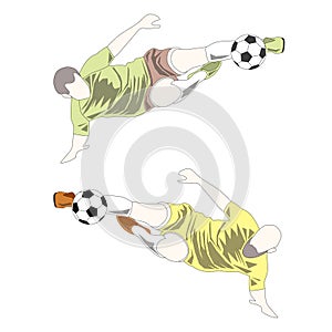 Vector soccer players. Footballer kicks the ball in flight. Soccer player kick the ball