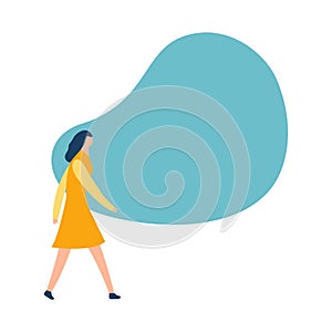Vector social communication concept with young girl in dress, woman standing taping, chatting. Empty speech bubble above