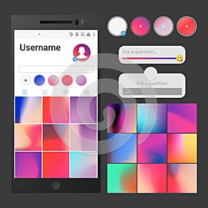 Vector social media interface. Post backgrounds, slider, question area and stories buttons templates for application -