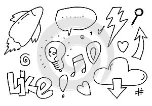 Vector social media scribbles such as rockets, likes, hearts, arrows, speech bubbles and other elements