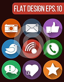 Vector social network icon set. Communication and media Flat icons for Web and Mobile App.