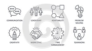 Vector soft skills icons. Editable stroke. Interpersonal attributes symbols succeed in workplace. Communication teamwork