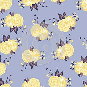 Vector Soft Yellow Roses on Purple seamless pattern background.
