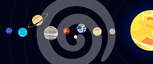 Vector Solar System Illustration, dark background, shiny sun and 8 planets, Earth, cartoon art, graphic backdrop.