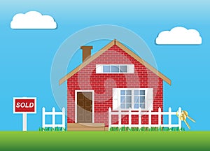 Vector of SOLD red brick house. Gable roof. Real estate.