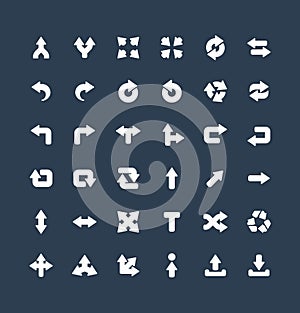 Vector solid icons set with arrows, direction and move flat flat symbols.