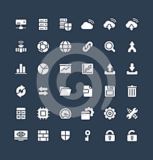 Vector solid icons set with big data and analytics technology flat symbols
