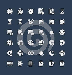 Vector solid icons set with date and time flat symbols.
