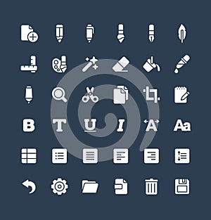 Vector solid icons set and graphic design elements. Illustration with text edit, graphic tools flat symbols